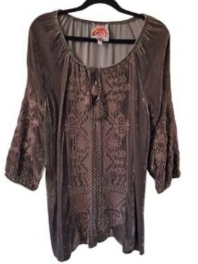 Johnny Was velvet peasant top with tassel tie